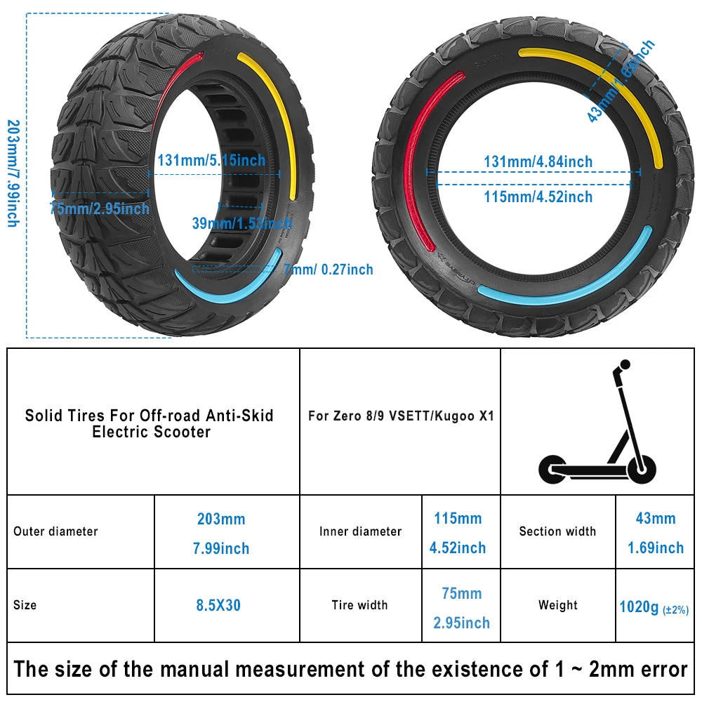 8.5x3 Off-Road Solid Tires For Vsett 8 9+/Zero 8 9 Pro/Kugoo G2 Pro Electric Scooter 8.5Inch Honeycomb Puncture-proof Tyre