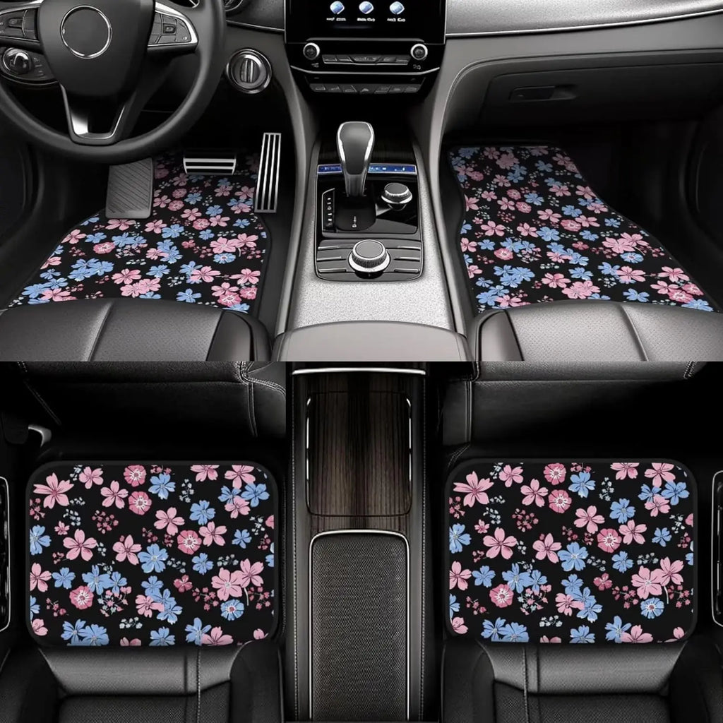 Floral Print Car Floor Mats Cute Flower Front Rear Seat Floor Rugs Carpets Full Set Auto Interior Accessories Decor gift
