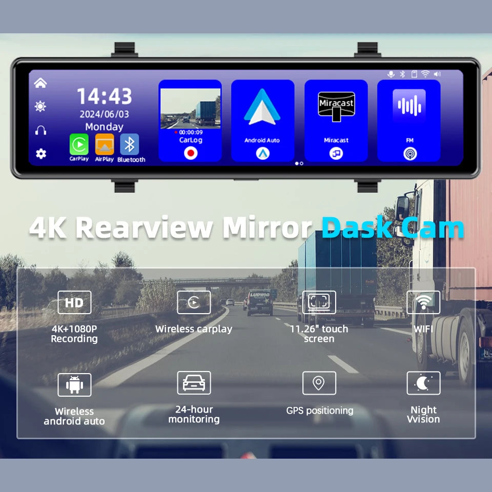 4K Dash Cam Car DVR with 5G WiFi BT FM AUX GPS Optional 1080P Rear View Camera Car Camera Recorder for Android Carplay Driving