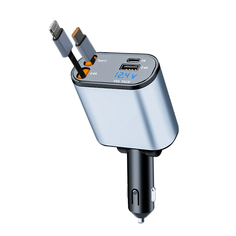 KEBIDUMEI D2 Car Charger Type-C Fast Charging Power Adapter Cable Digital Display Retractable 4in1 Phone Chargers Car Accesories