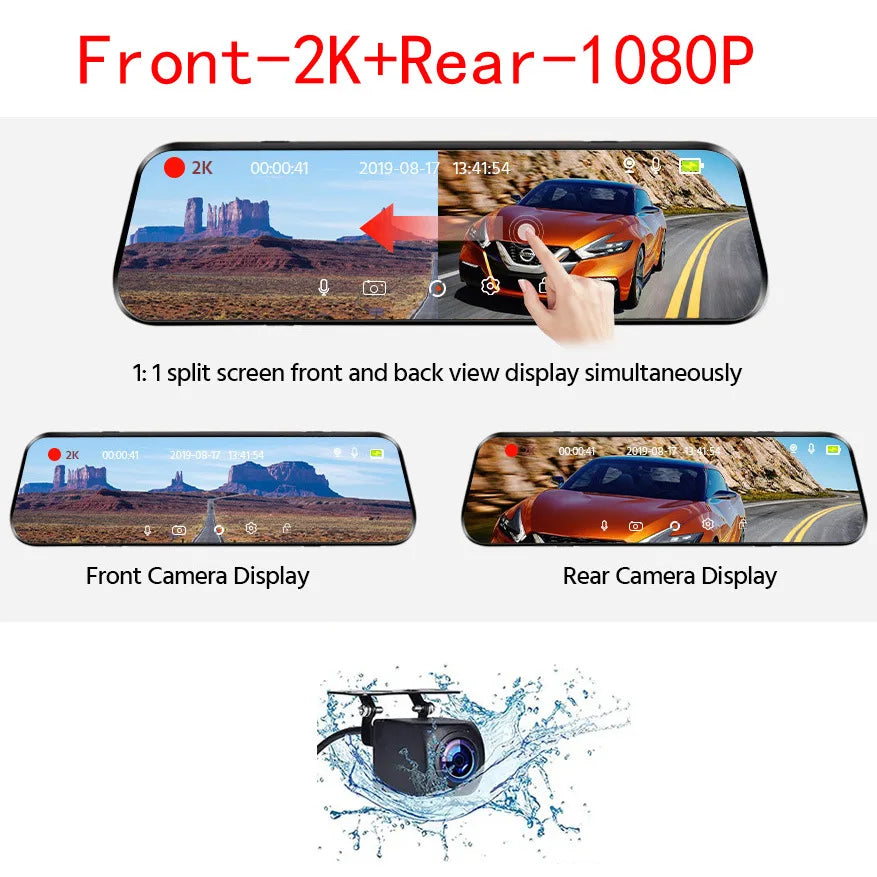 2K 10 Inch Dash Cam DVR Car Front and Rear Dual Camera Mirror Recorder HD Dashboard Video Night Vision WiFi Parking Monitor