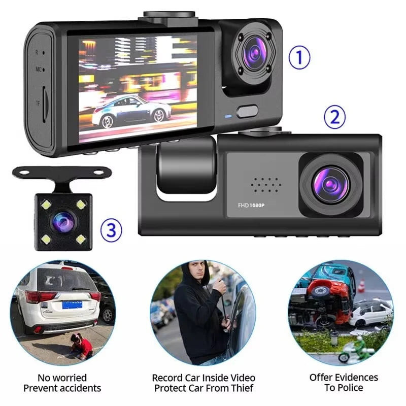 1080P Dash Cam with IR Night Vision 2/3 Channel Loop Recording 2 IPS Screen Vehicle DVR Video Recorder