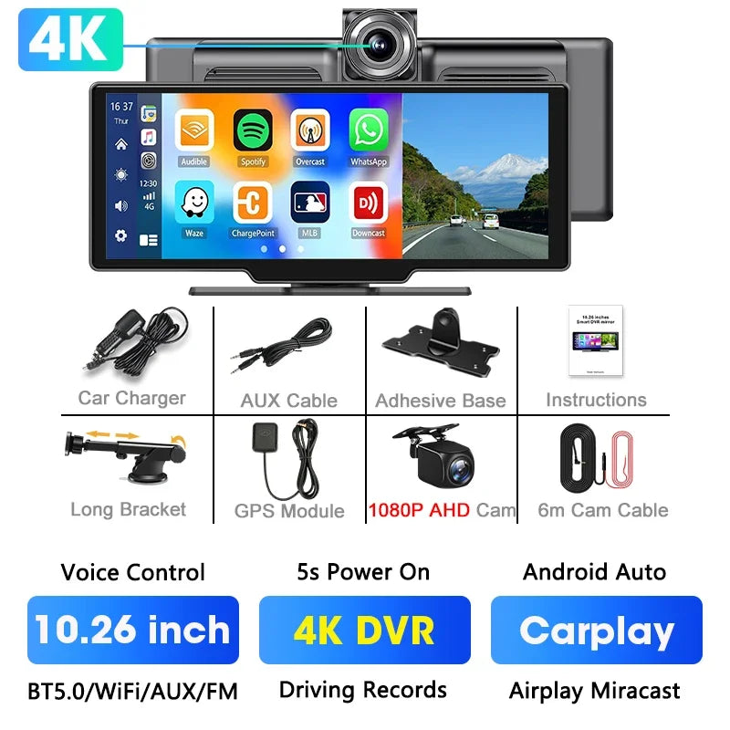 10.26'' Portable 4K Dash Cam Wireless CarPlay Android Auto Car Monitor Dashboard Car DVR Video Recorder GPS FM BT