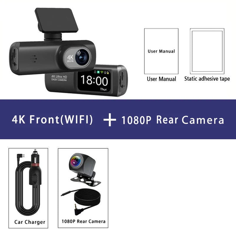 Dash Cam 4K 3840*2160P GPS WIFI Car DVR Front and Rear Dual Lens Auto Car Camera With Night Vision Dashcam 24H Parking Monitor