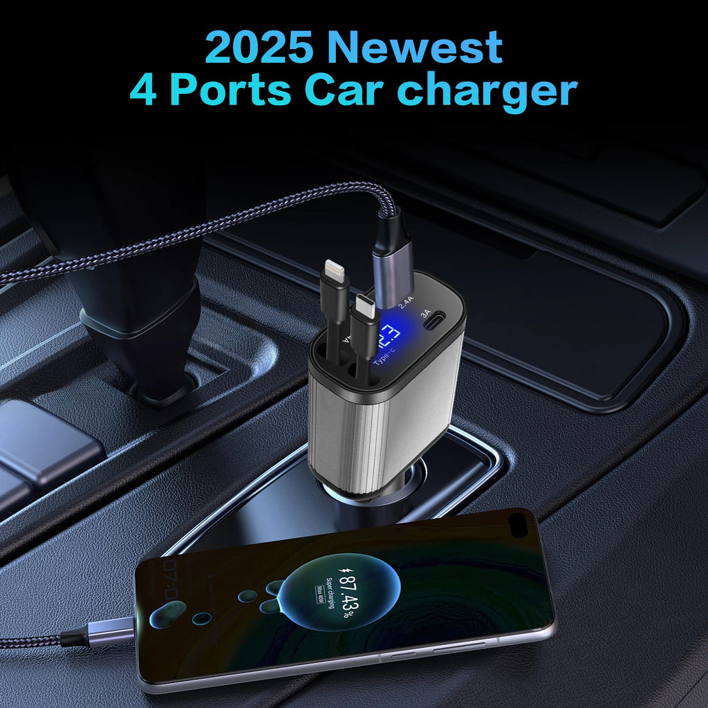 4-in-1 Vehicle Charger, 36 Watt Fast Charging, Retractable Cable, 2 USB Ports, Compatible with All Vehicles