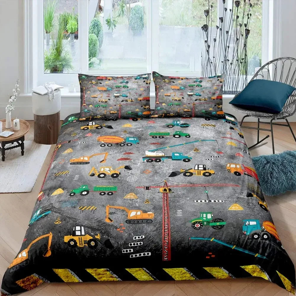Construction Vehicles Boys Excavator Duvet Cover Yellow Tractor Truck Bedding Set for Teens Child Old Retro Car Theme Room Decor