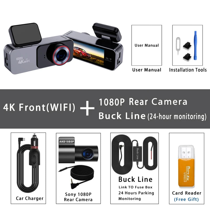 Dash Cam 4K 3840*2160P Car DVR WIFI GPS Mini Dual Lens Camera Front and Rear Dashcam Black Box Video Drive Recorder Night Vision
