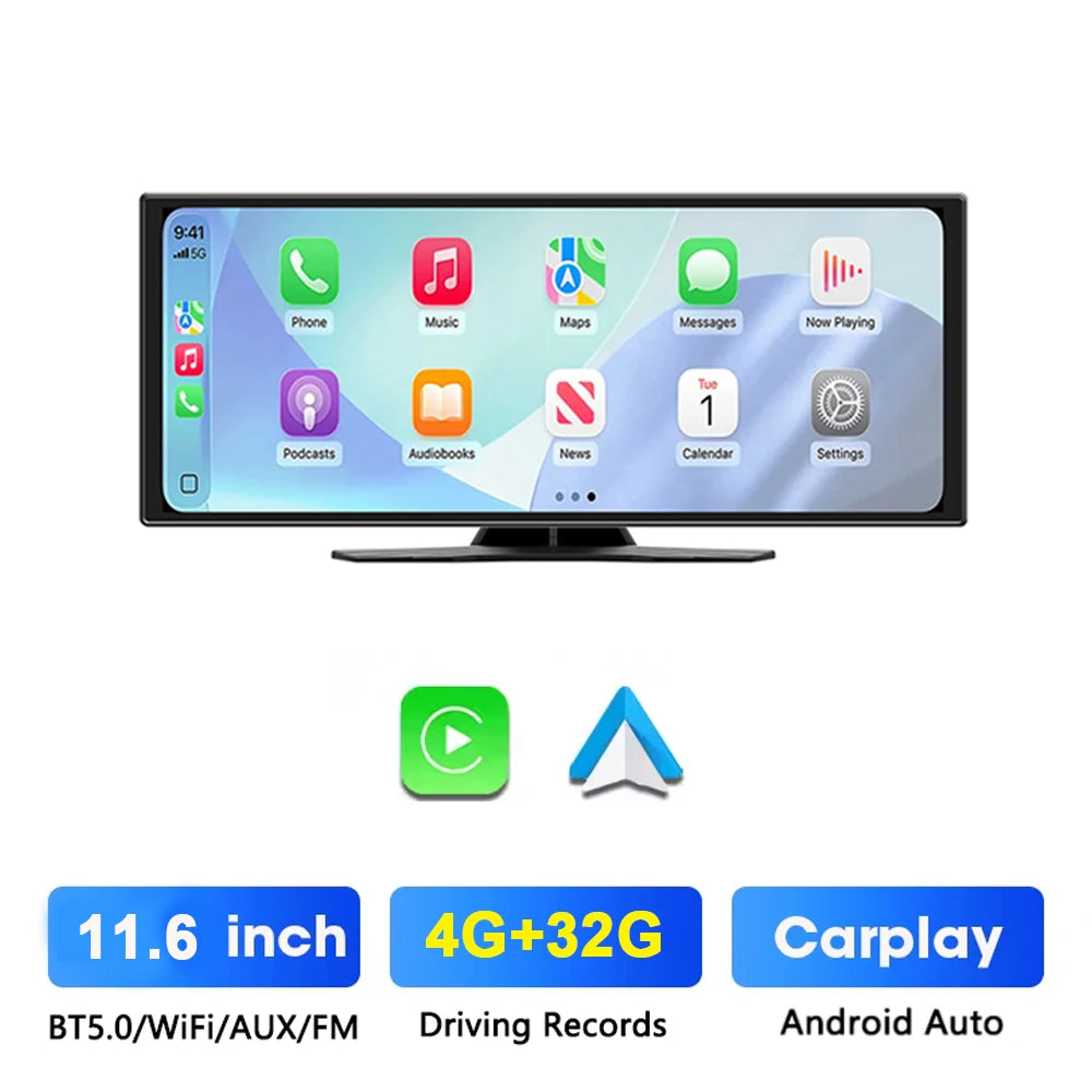 11.6 inch Dash Cam Car DVR Wireless Carplay & Android Auto GPS Navigation Video Recorder Dashboard  Wifi FM AUX