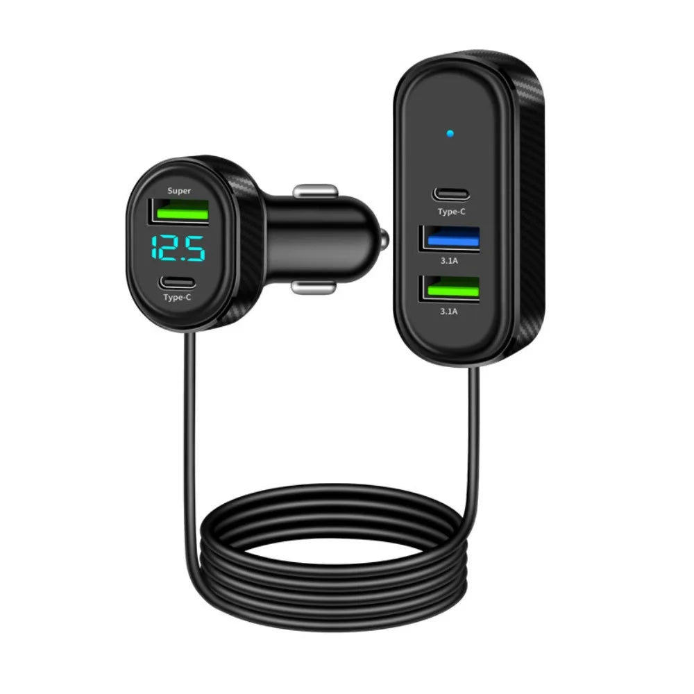 Portable 5 in 1 Car Phone Charger 66W Multi Port Car USB Charger with 1.5M Extension Cable Fast Charging Auto Power Adapter