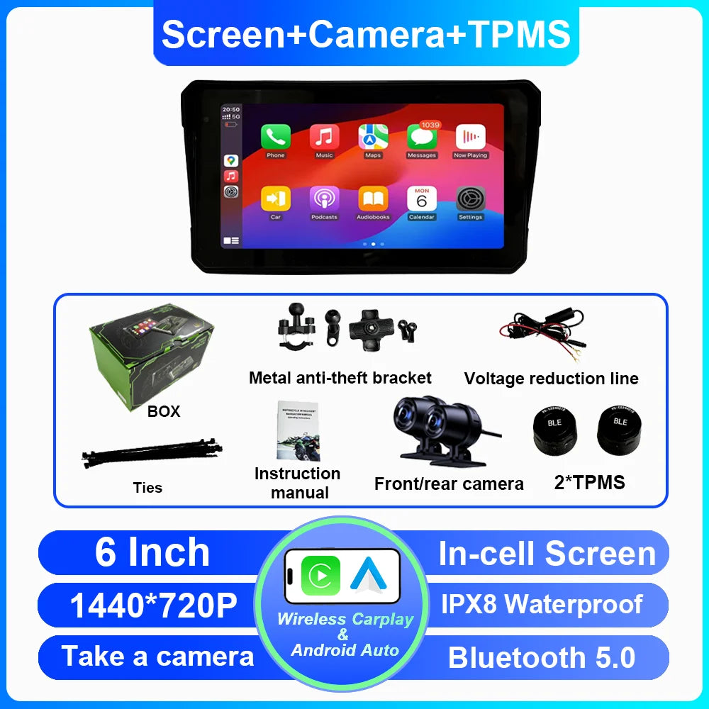 6 Inch Portable Carplay Motorcycle DVR Multimedia Player GPS Navigation Wireless Android Auto Waterproof Screen In-cell screen