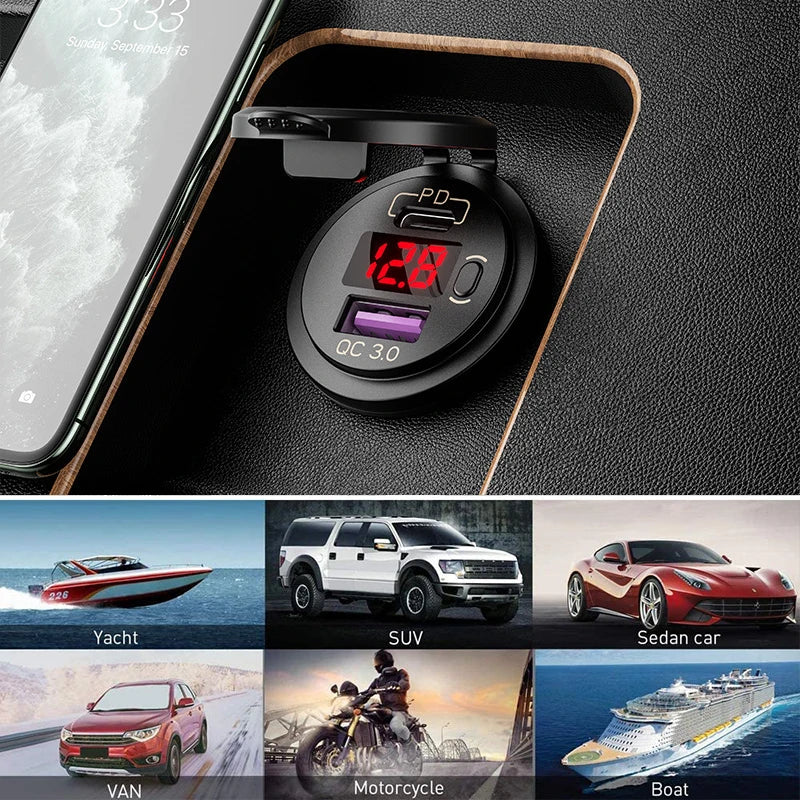 Car USB Charger QC3.0 PD Type C USB with Switch Socket for 12V/24V Vehicles Boat Motorcycle SUV Bus Truck Caravan Marine