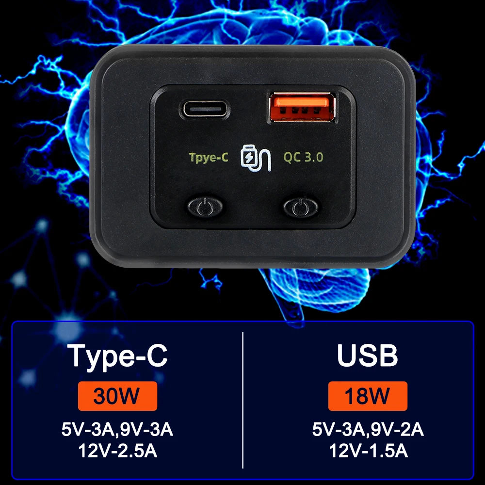 12V/24V Car Fast Charger Type C + QC3.0 USB A Port for Car RV RV Home Camper Caravans LED Light Phone Charger Auto Adapter