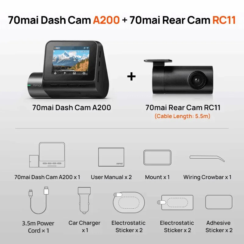 Global 70mai Dash Cam A200 Dual-channel Record 1080P HDR 2'' IPS Screen 24H Parking Monitor Car DVR 70mai A200 WIFI APP 130° FOV