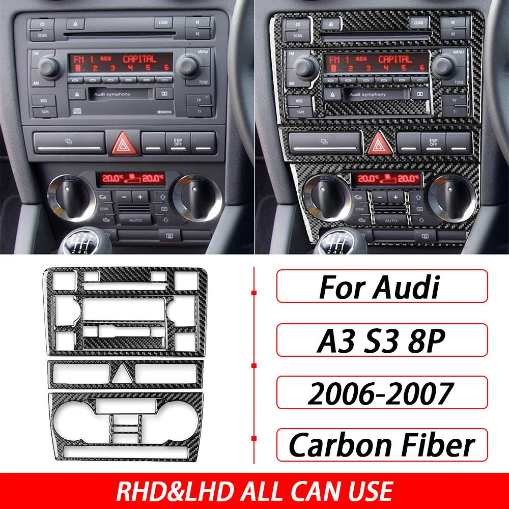 For Audi A3 S3 8P 2006 2007 Car Accessories Carbon Fiber Central AC Radio CD Navigation Panel Set Trim Cover Interior Sticker