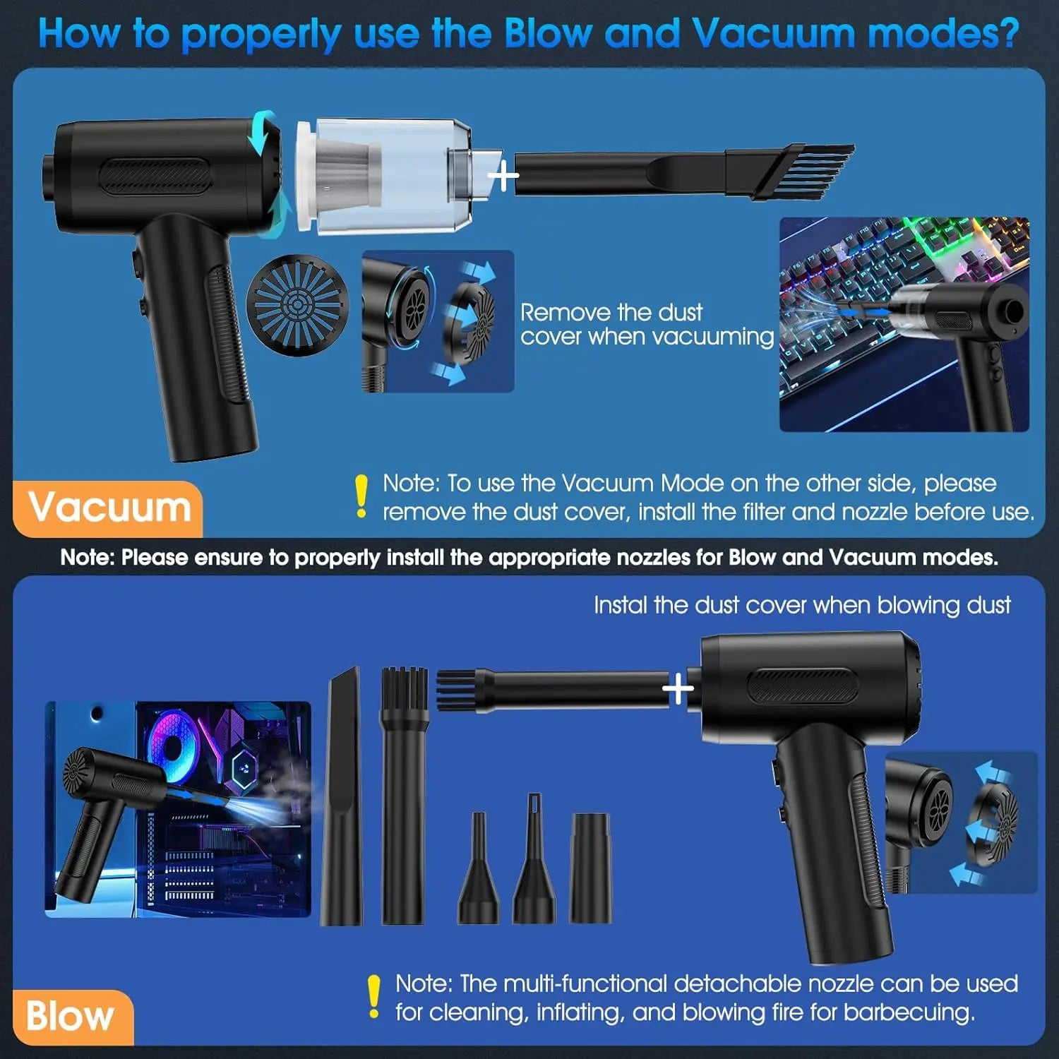 Compressed Air Duster 100000RPM Handheld Electric Air Blower & Car Vacuum, 3-Gear Adjustable Keyboard Cleaner with LED Light