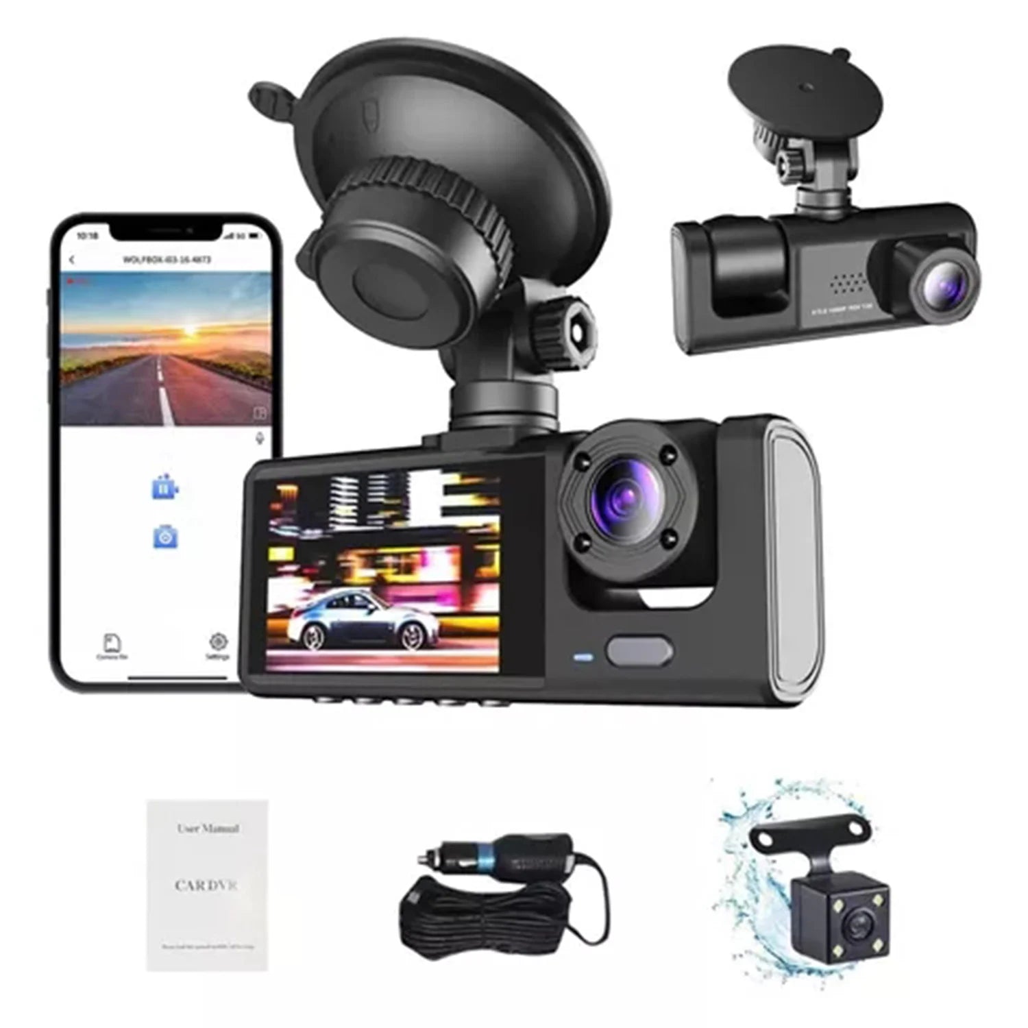 Car DVR S1 2"Screen HD 1080P 3 Cameras+WiFi Dash Cam Front/Rear/In Car for Vehicle Recorder Video Front Optional Rear Camera