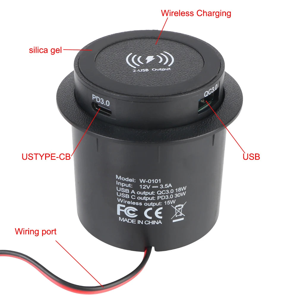 Car Charger 15W For Camper Truck ATV Boat Car RV USB Type-C Quick Charge PD 3.0 Outlet Socket Embedded Wireless Charger