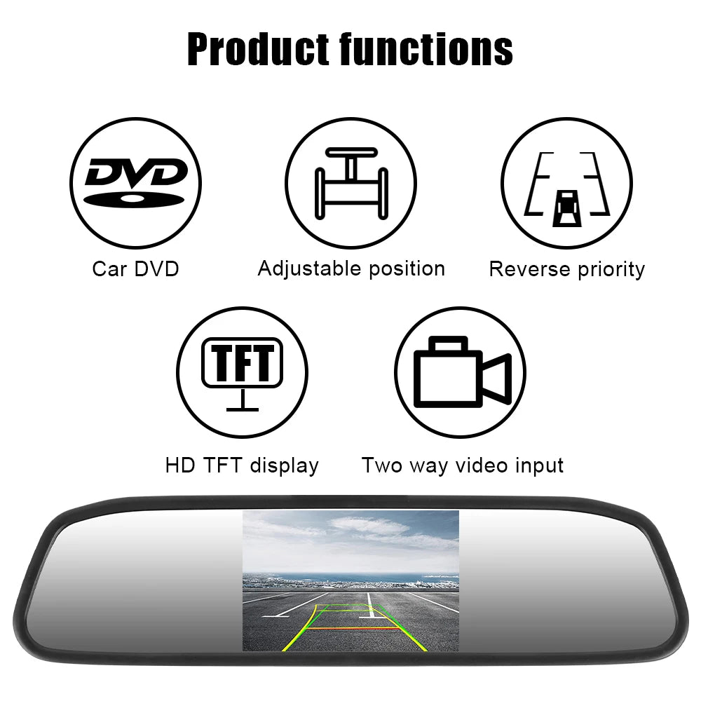 12V Car Player Interior Mirror Rear View Camera Parking Monitor 4.3 Inch Screen HD DVD Video Display PDC Parktronics Accessories
