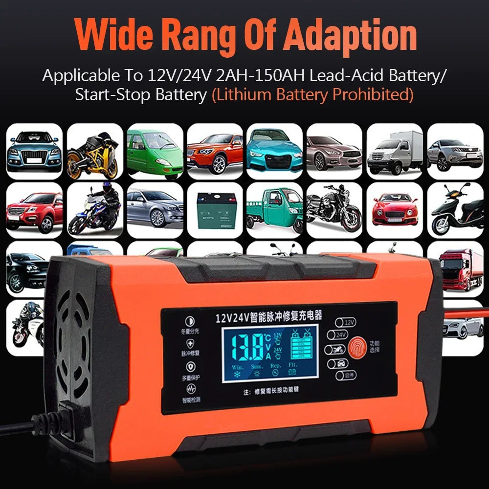 Car Battery Charger 12V 10A Pulse Repair LCD Display Smart Fast Charge Car and Motorcycle Battery Charging Device Car Accesorry