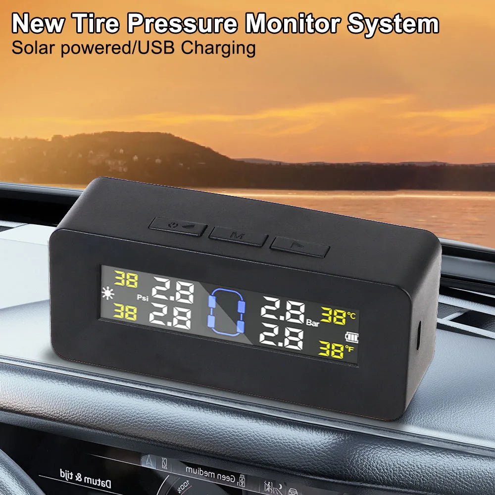 Digital LCD Display Auto Security Alarm Systems Tire Pressure Monitoring System Car TPMS Solar/USB Powered