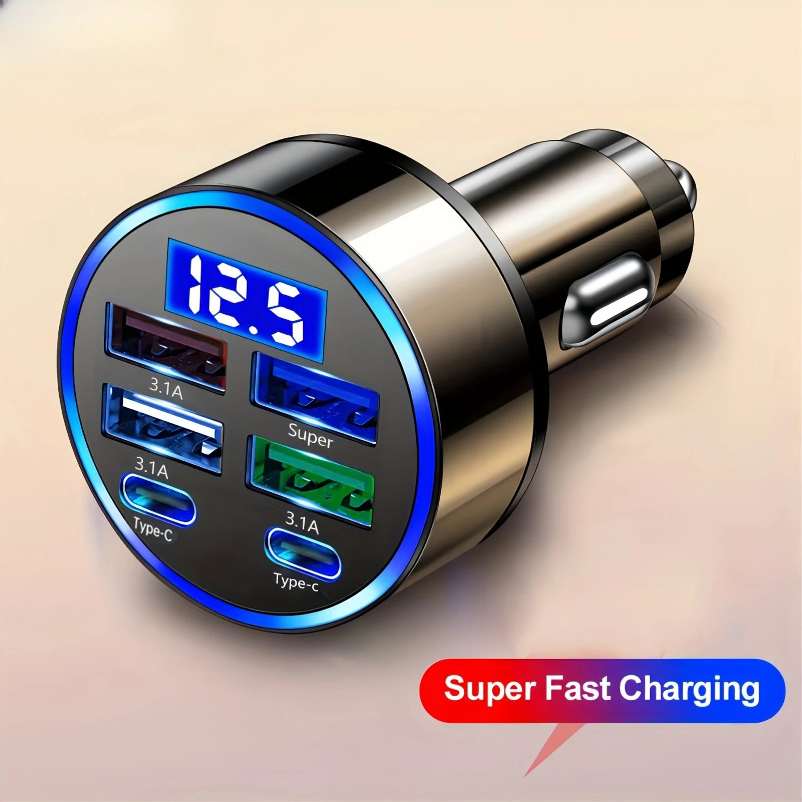 Car Charger 6 Ports Quick Charger QC3.0 Fast Charging Multi-function Adapters PD With Display Ambient Lighting Auto Sockets