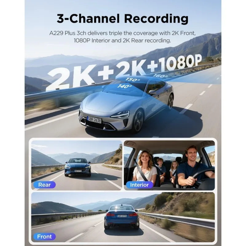 3 Channel Dash Cam with Dual STARVIS 2 Sensors HDR 1440P+1440P+1080P Front Inside Rear Camera 5GHz Wi-Fi Voice Control GPS
