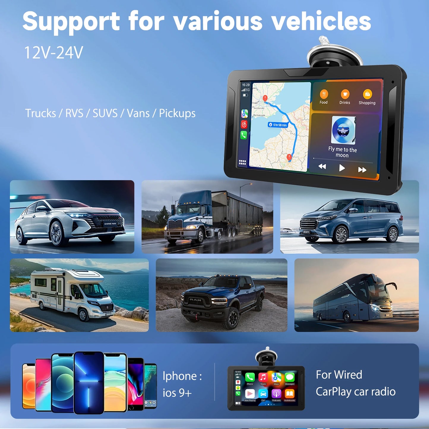 P6-7inch Universal Portable Car Screen for Carplay, Car Radio Multimedia Video Player Wireless Carplay Screen for IOS/Android