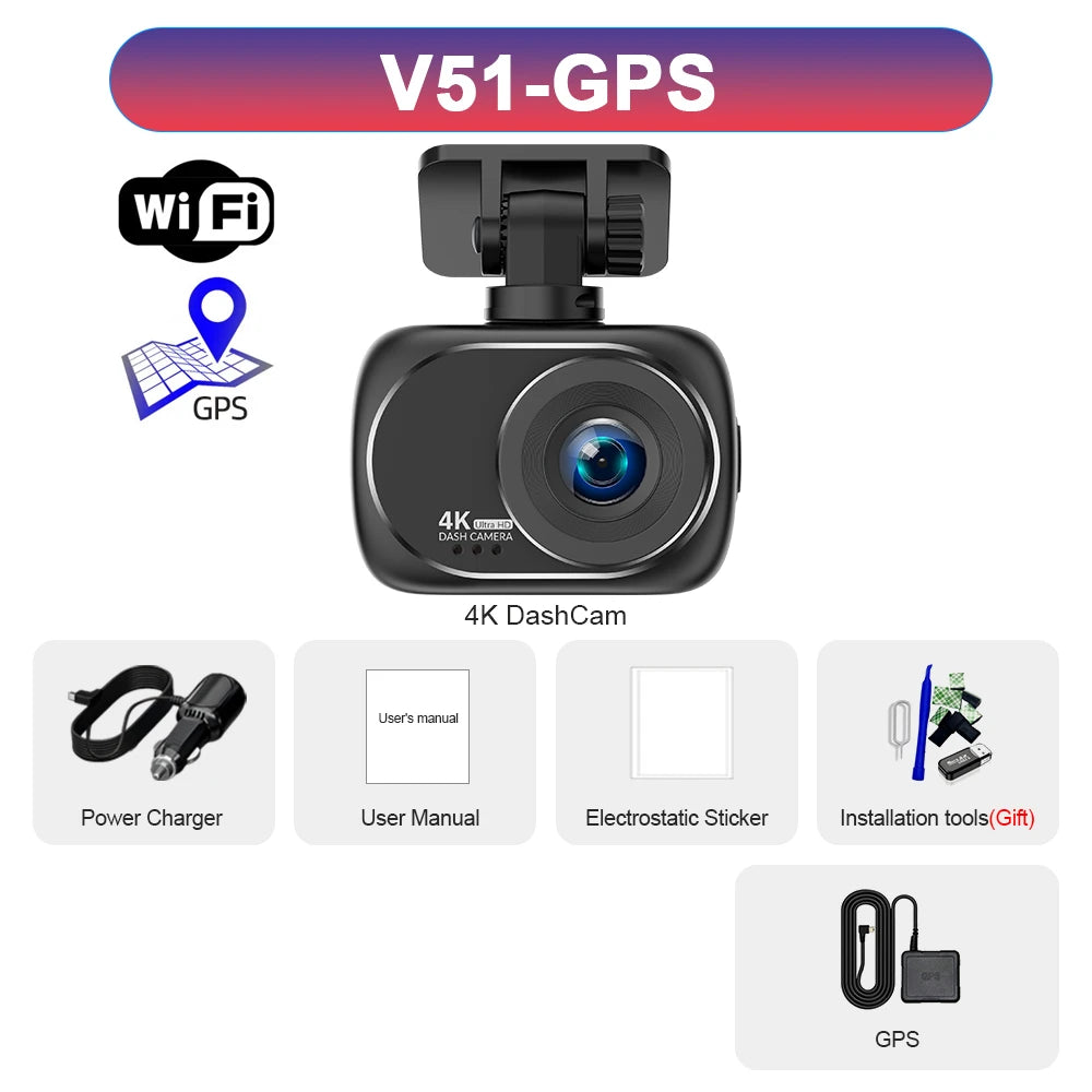 Dash Cam 4K UHD Recording Car Camera DVR Night Vision Video Recorder GPS Wi-Fi Support Dual Lens 4K Rear View Camera