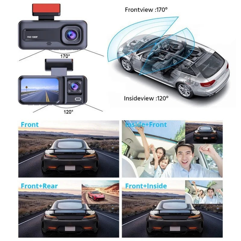 Dash Cam W/ IR Night Vision Loop Recording & 2" IPS Screen 1080P 3 Camera ， DVR recorder, video recorder, Vehicle DVR