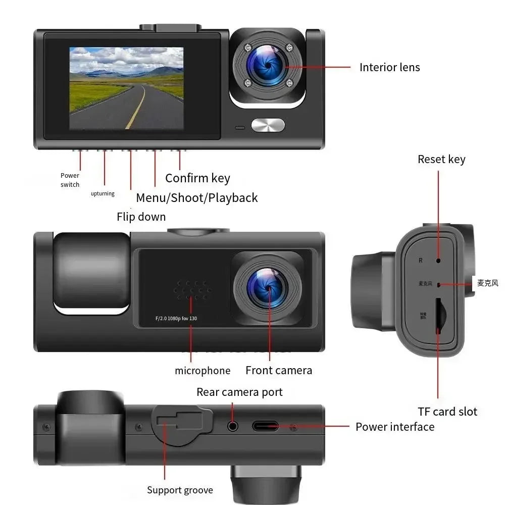 3 Lens Car DVR Camera HD 1080P Inside Vehicle Dash Cam Three Way Front and Rear DVRs Recorder Video Registrator Dash Camcorder