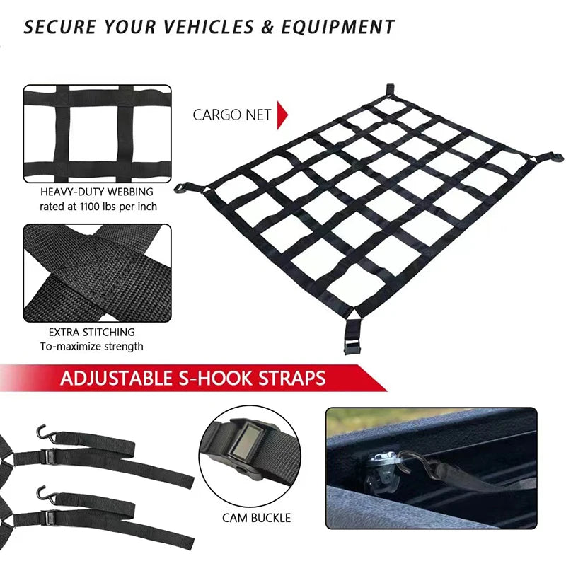 Car Trunk Rooftop Net Mesh Cargo Net Heavy Cargo Net Truck Trailer Dumpster Extend Mesh Covers Luggage Nets With 4 Fixed Belt