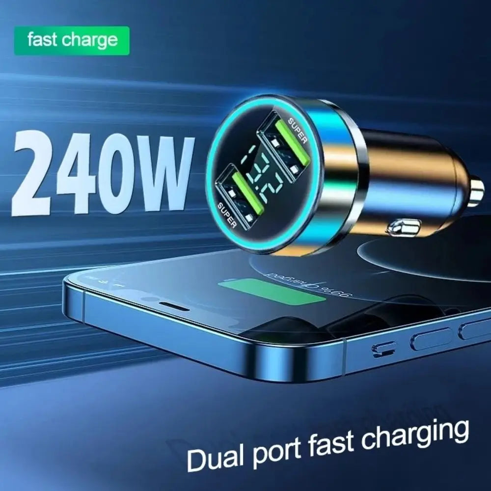 Dual USB Ports Car Phone Charger 240W Fast Charging Type C Adapter in Car 12-24v Mini For Mobile Phone Car Charger