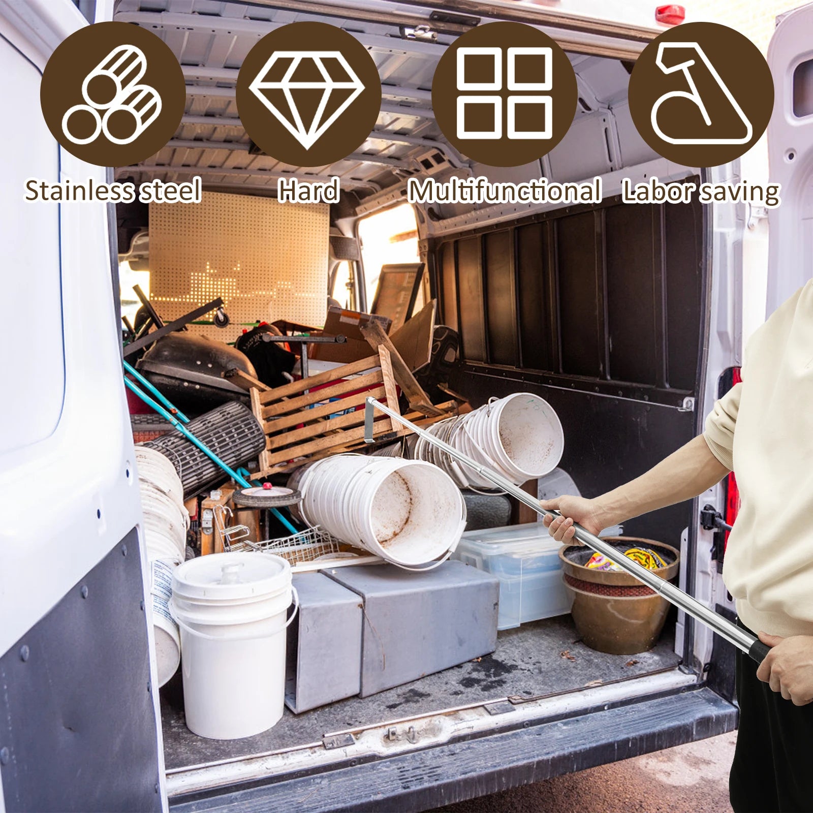 Ergonomic Telescoping Truck Bed Retriever Tool Stainless Steel Truck Cargo Grabber With Anti Slip Rubber Grip for Trucks Garages