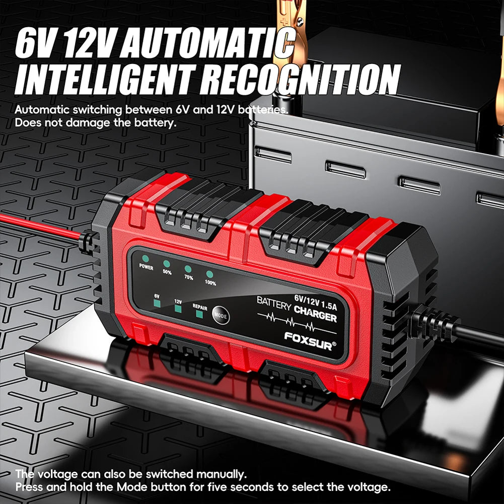 6V 12V 1.5A Car Battery Charger Car and Motorcycle Battery Charging Unit Motorcycle Smart Charger for Lead-Acid AGM GEL Battery