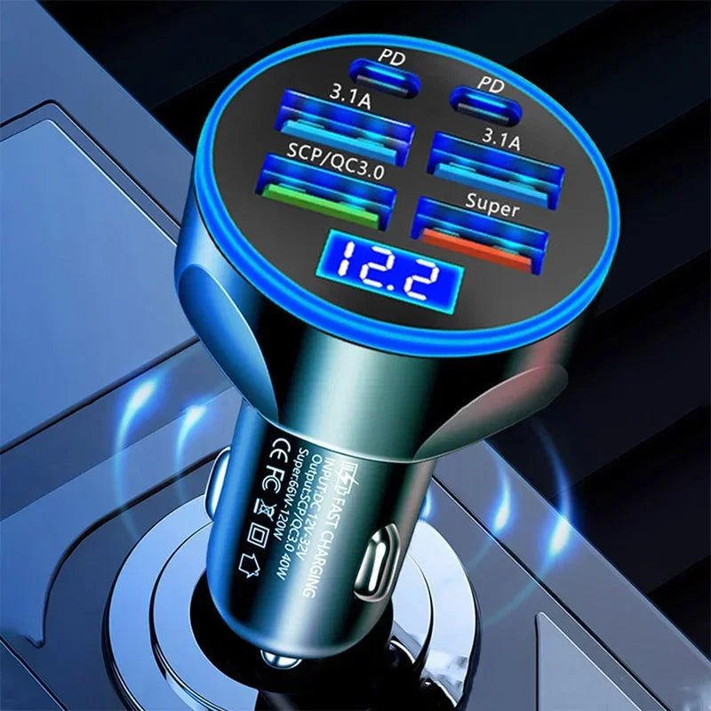 Super Fast Charging Car Charger 5-in-1 Adapter Charging Head Converter 4USB+PD Mobile Phone One Tow Three 250W