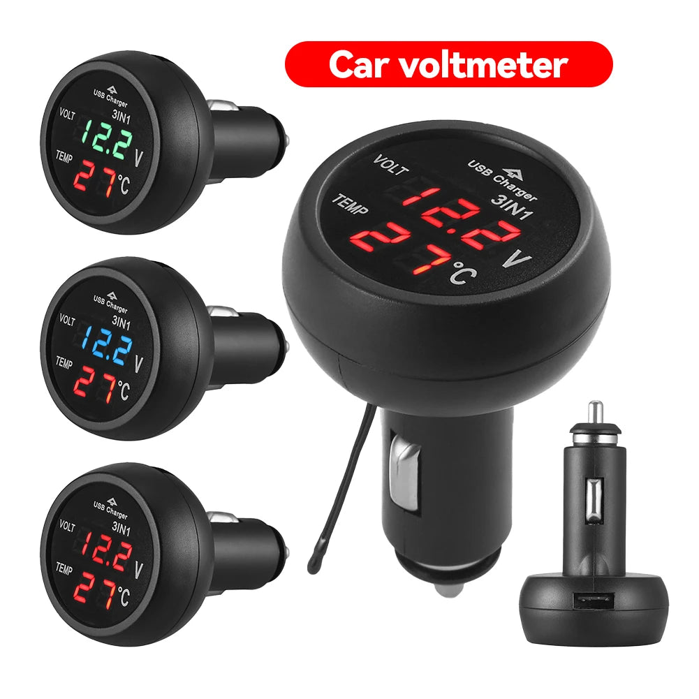 Car Charger 3 in 1 12/24V Charge with Voltmeter Switch Car Auto LED Digital Voltmeter Gauge Thermometer USB Charger