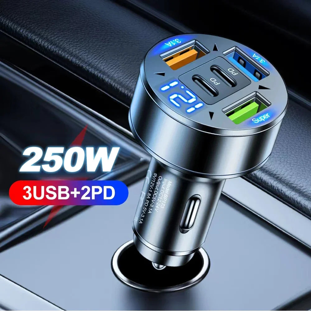 250W Fast Charger 3 Ports USB 2 Ports PD Car Charging Mobile Phone Type-C Adapter Quick Charger in Car for iPhone Xiaomi