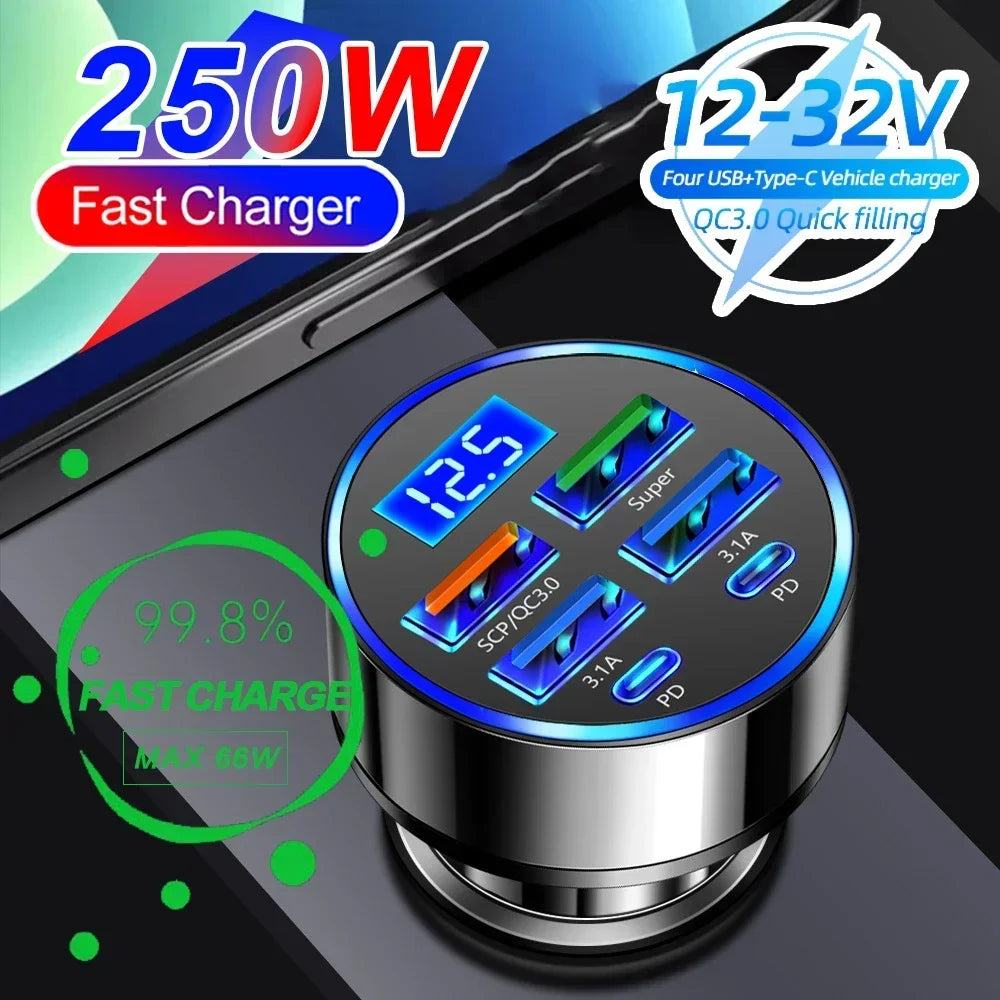 Car Mounted Charger with Led Digital Display 27W 6 in 1 Quick Adapter 4 Usb Port 2 Type-C Pd Car Charging Station Charger