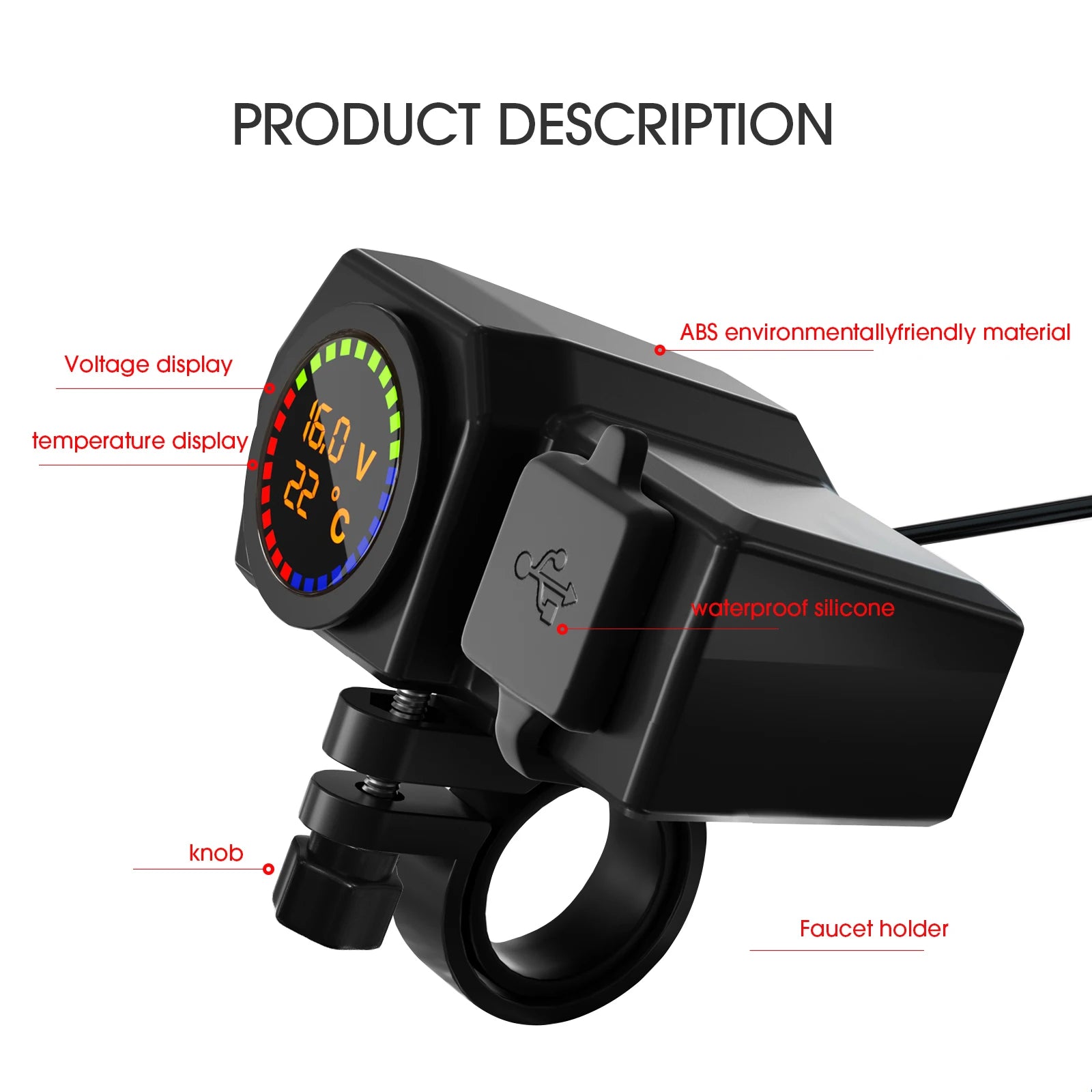 Motorcycle Charger QC3.0 Motorcycle Type C Voltage And Temperature Digital Display Dual USB Mobile Phone Charger PD Car Charger