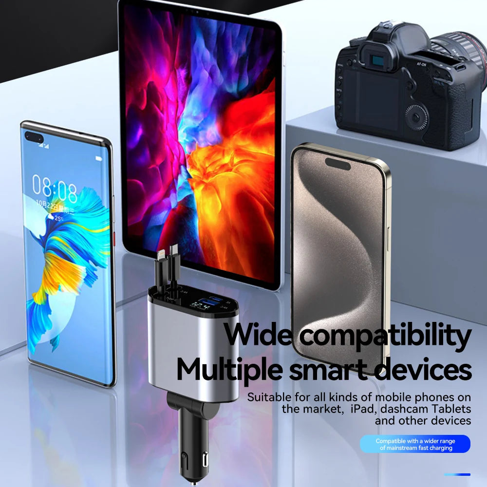 Retractable Car Charger 4 in 1 Fast Charging Car Charger 120W Dual Type-C Retractable Cable and 2 USB Ports Car Charger Adapter