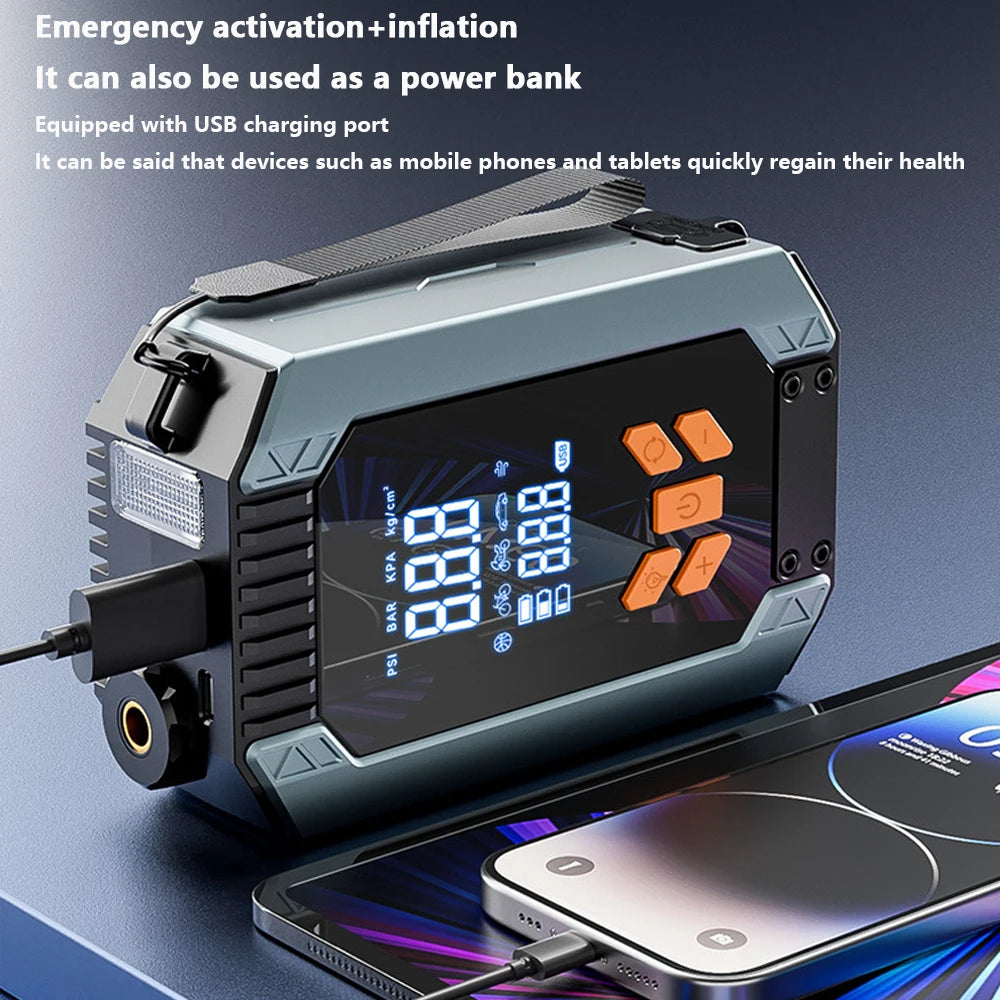 LED dual screen digital display, real-time monitoring of battery and tire pressure, wireless vehicle air pump