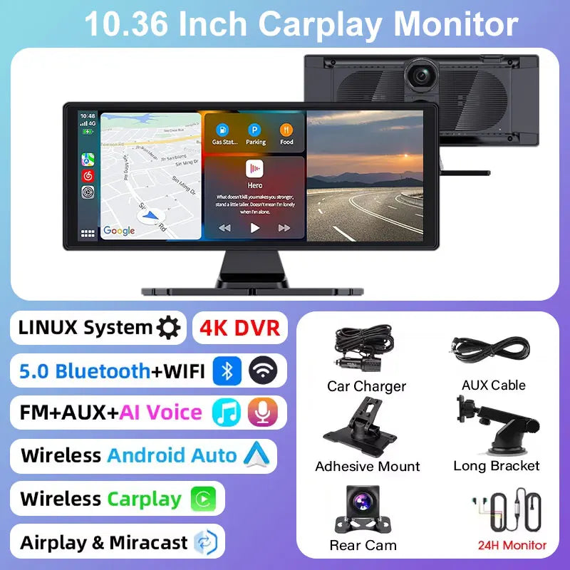 Universal DashCam 10.33" Car Intelligent 4K Car DVR Dash Cam Wireless CarPlay & Android Auto MP5 Bluetooth WIFI Rear Reversing