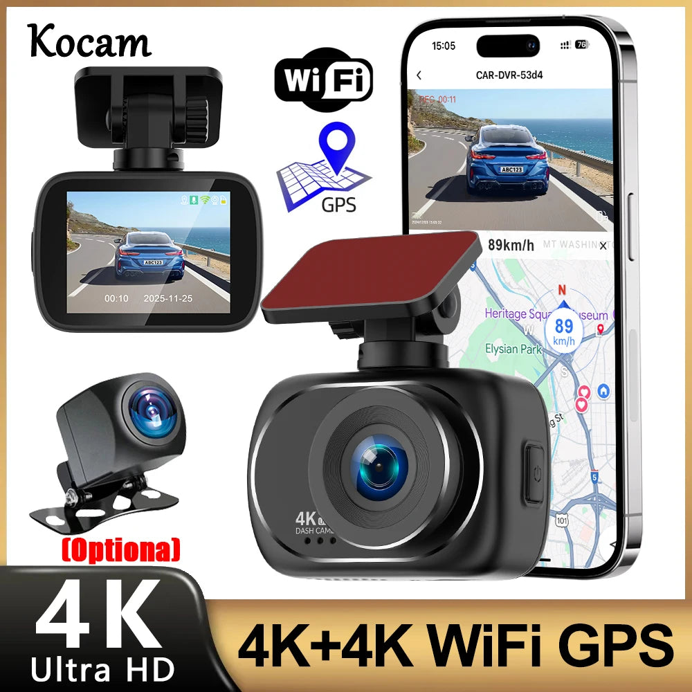 Dash Cam Dual Lens 4K UHD Recording Car Camera DVR Night Vision Video Recorder Support GPS Wi-Fi Black Box 4K Rear View Camera