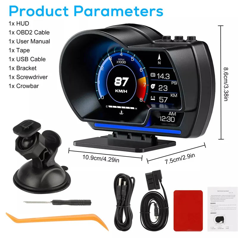 Digital Head‑Up Displayer Speed Warning Head Up Display OBD2+GPS Smart Gauge Car HUD Speedometer Turbo RPM Alarm for Car Truck