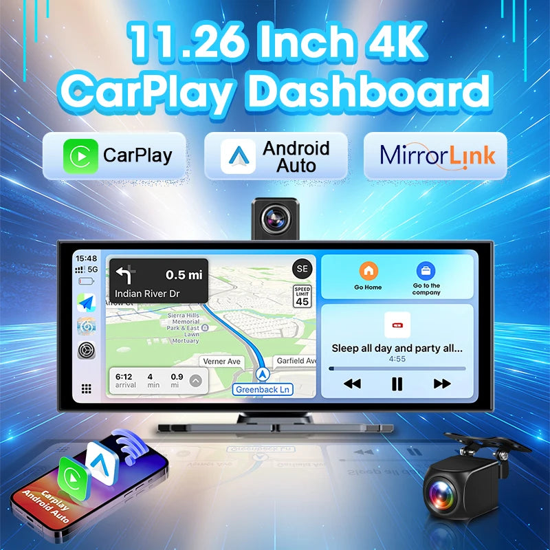 11.26 inch ADAS Car DVR 4K Camera Rotatable Front Camera Bluetooth Wireless Carplay Android Auto Dashcam Video Recorder FM AUX