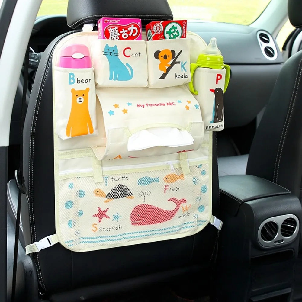 Cartoon Backseat Car Organizer Mats Back Seat Organizers Storage Bag Tissue Holder for Kids Car Seat Travel Road Trip Essentials