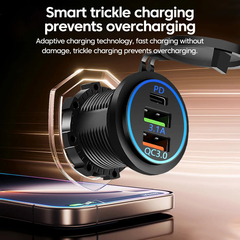 Motorcycle Car Charger Waterproof Modified QC3.0 Dual USB+ Type-C Charger Charger Accessori For 12V-24V Car Auto Motorcycle