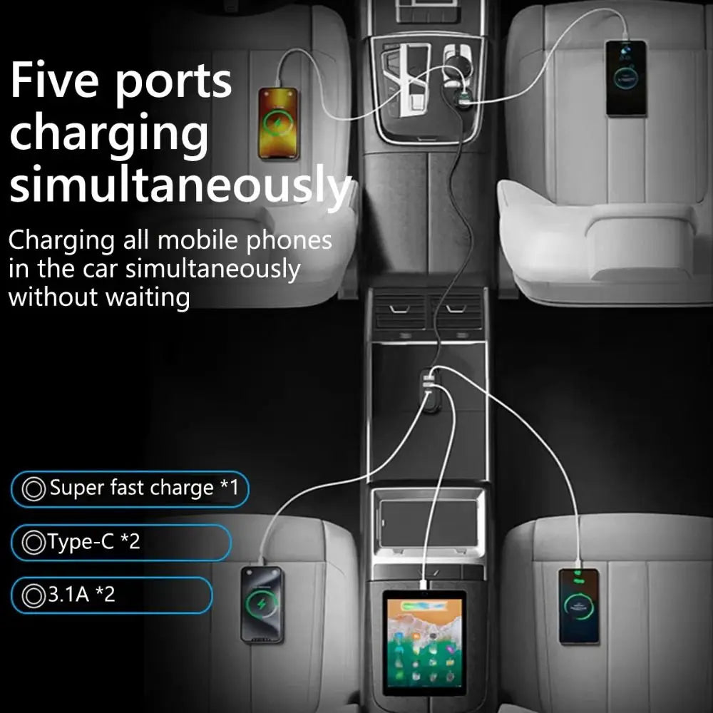 Portable 5 in 1 Car Phone Charger 66W Multi Port Car USB Charger with 1.5M Extension Cable Fast Charging Auto Power Adapter