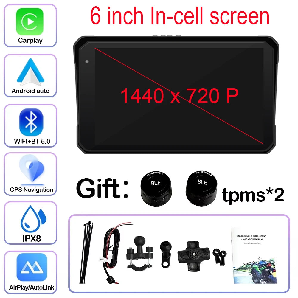 Motorcycle Navigation 6 inch Screen 1440*720P GPS Wireless CarPlay Android Auto Motorcycle GPS Motor DVR Monitor TPMS Optional