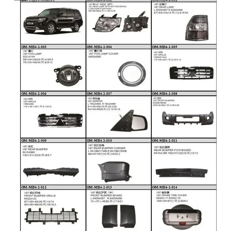 1 kit completo Fábricas al por mayor Carrocería Parachoques delantero Borde Trasero otros accesorios exteriores Para Pajero v93 v97